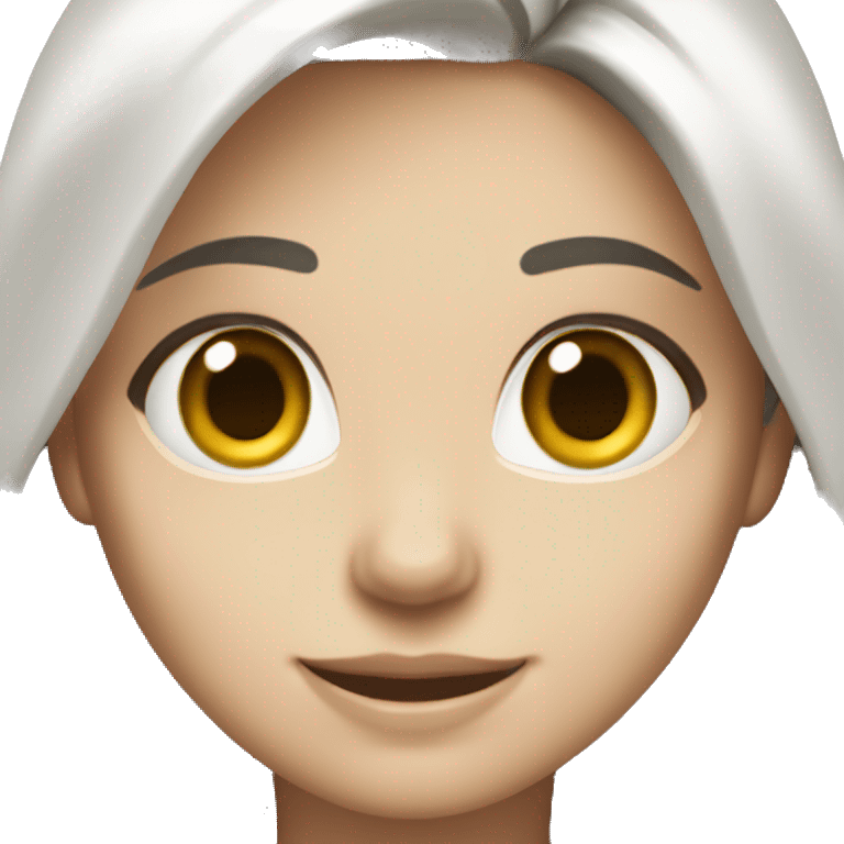 A woman with long dark hair, hazel eyes, and white skin. Her smiing and with a white shirt emoji