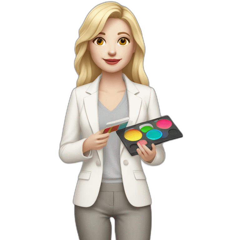 pale skin woman with blonde straight line Hair to shoulders, White classical jacket, Gray Palazzo pants holding a color palette in the hands emoji