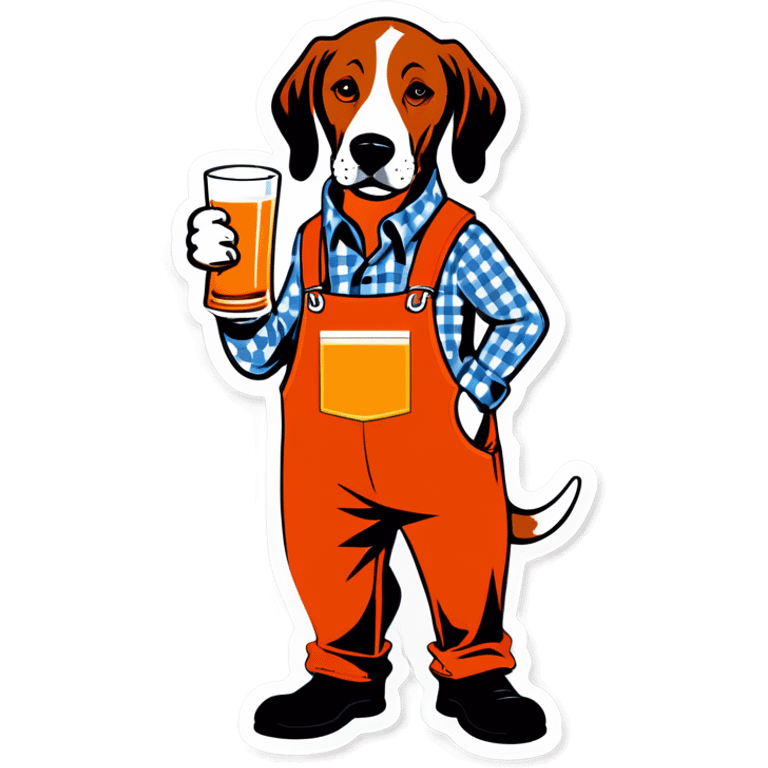 Hound dog in tangerine and white checkered overalls drinking whiskey emoji