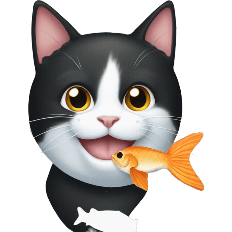 tuxedo cat with fish in his mouth smiling emoji