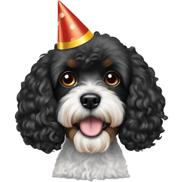 Fully black Cavapoo with a birthday cap emoji