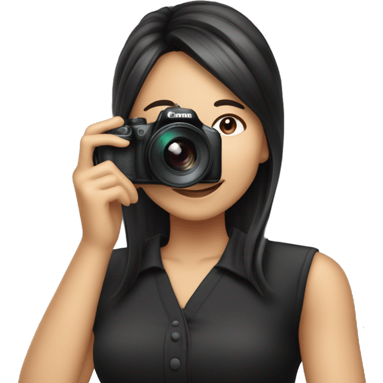 A woman of Asian descent, with bangs and her hair tied back, dressed in black, is taking a photo with a Canon camera with smile face emoji