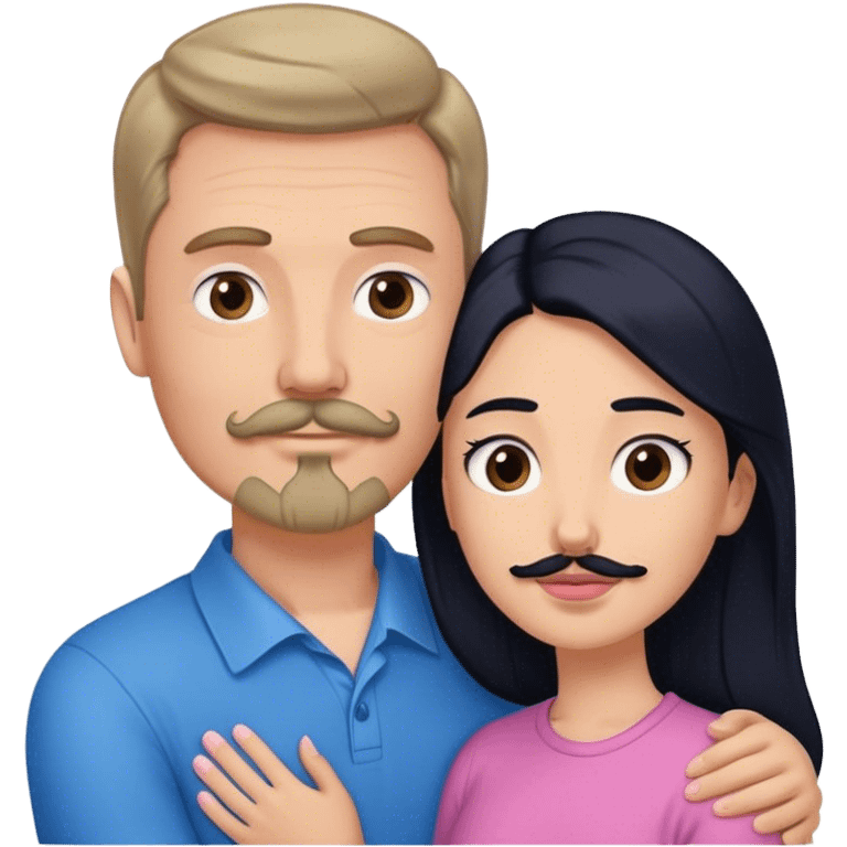 Tall white man with brown mustache goatee wearing blue hugged by a short pale woman with long black hair wearing pink emoji