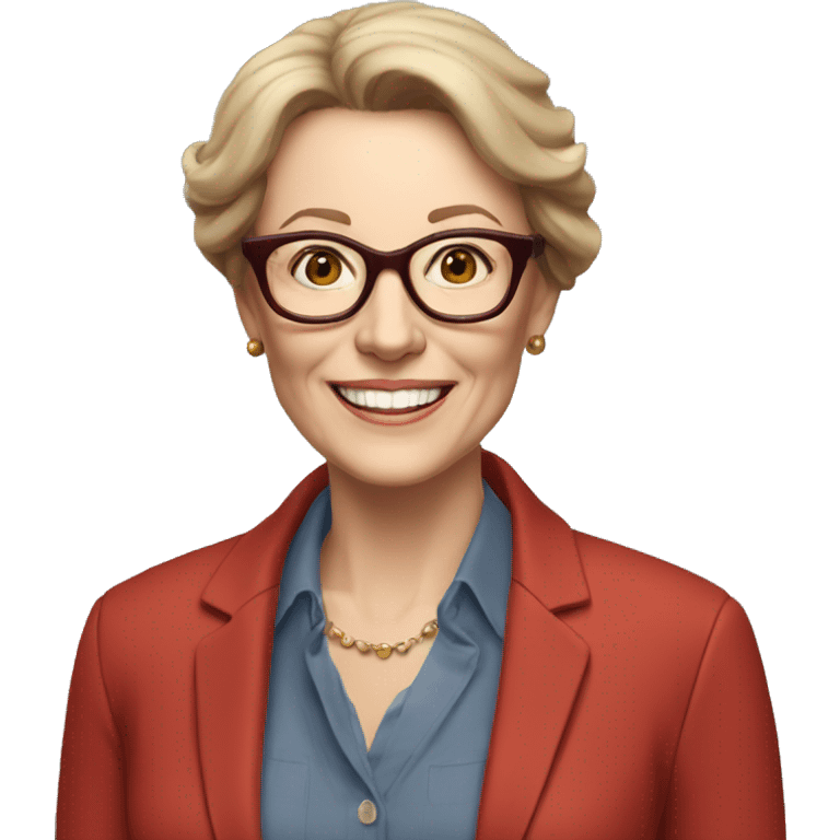 Woman in her 60s, with auburn hair, pale skin, glasses, brown eyes, smiling wearing a red blazer, collared shirt,  jeans emoji