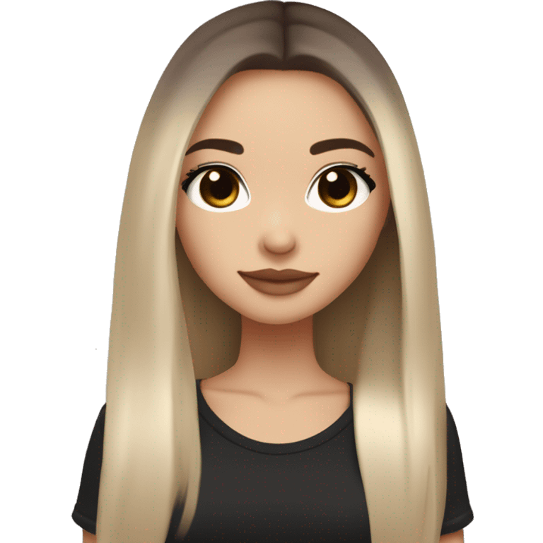 Slavic girl, light skin, long eye lashes, pink beige lips, brown eyes, long black-to-blonde ombre straight hair, black T-shirt, chibi, smiling. emoji