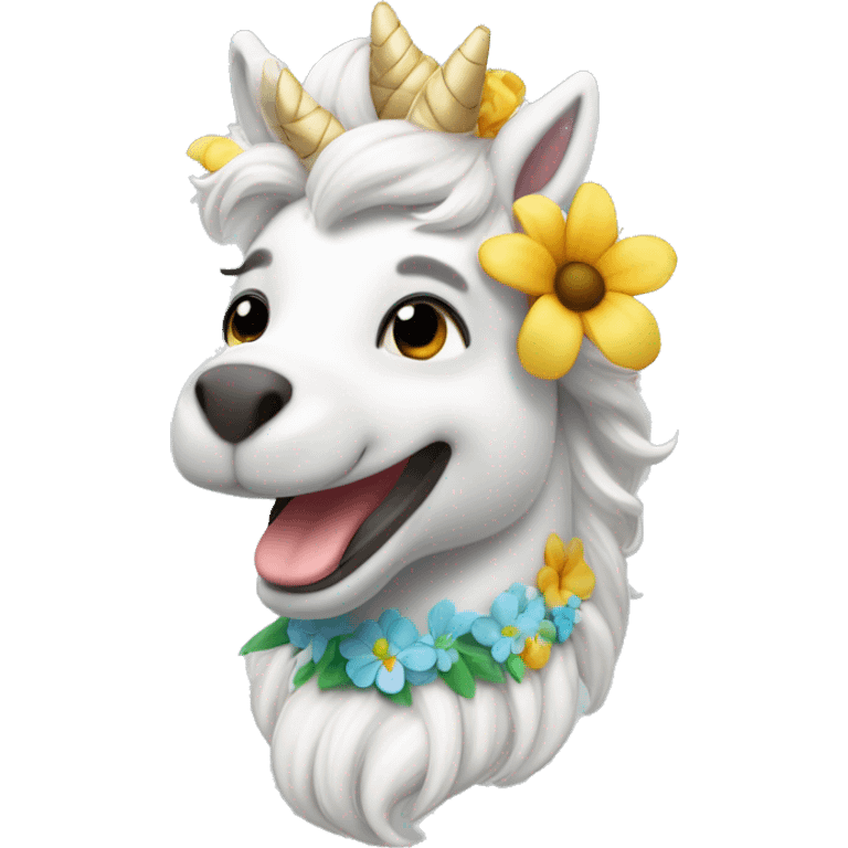 Uniconio sonriente de pelo celeste y piel blanca con un collar de flor de colores emoji