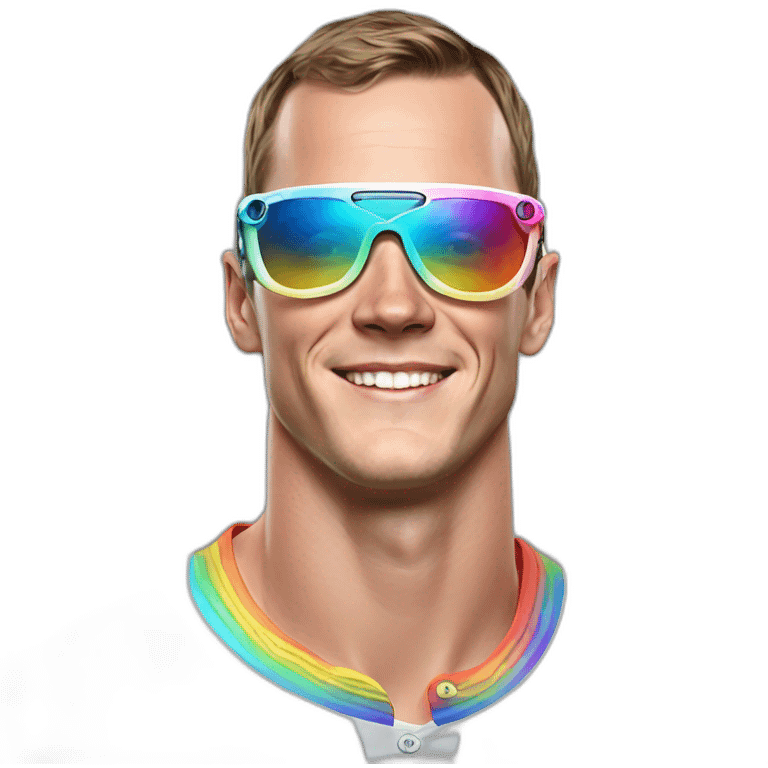 Fancy disco Jonathan Toews wearing rainbow lace shirt and wearing VR glasses emoji