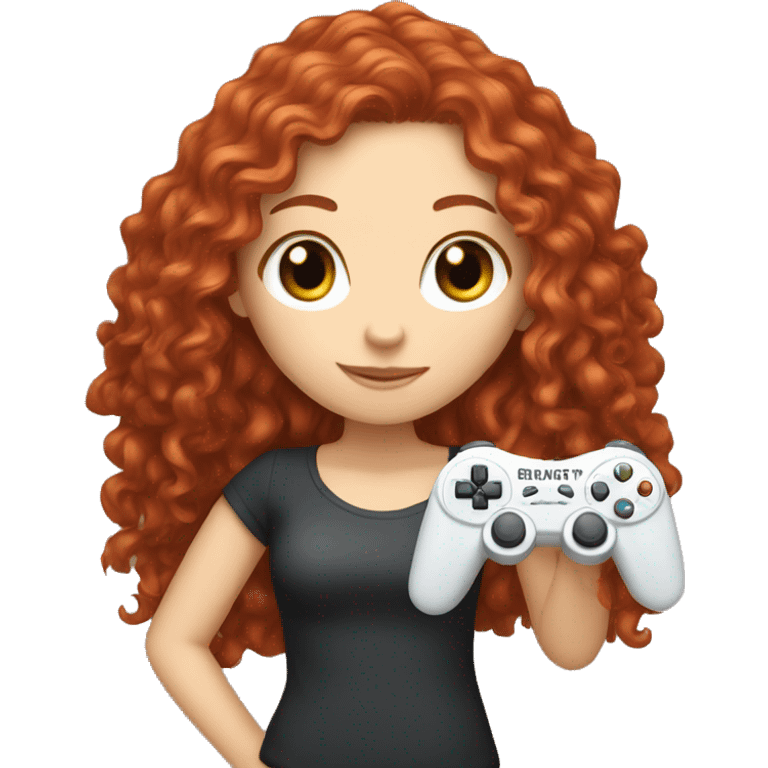 a white girl with long red curly hair, holding a controller emoji