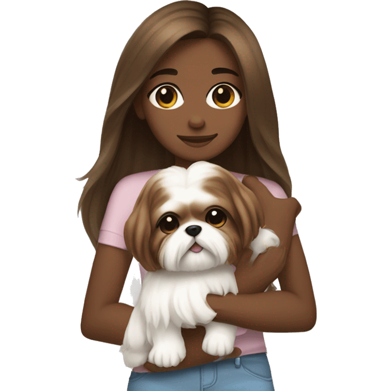 Girl with brown skin with brown long hair, hugging her white Shih tzu emoji