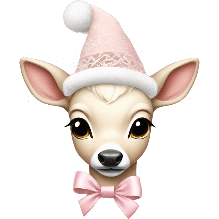 white fawn with pale pink lace ribbon and pale pink christmas hat emoji