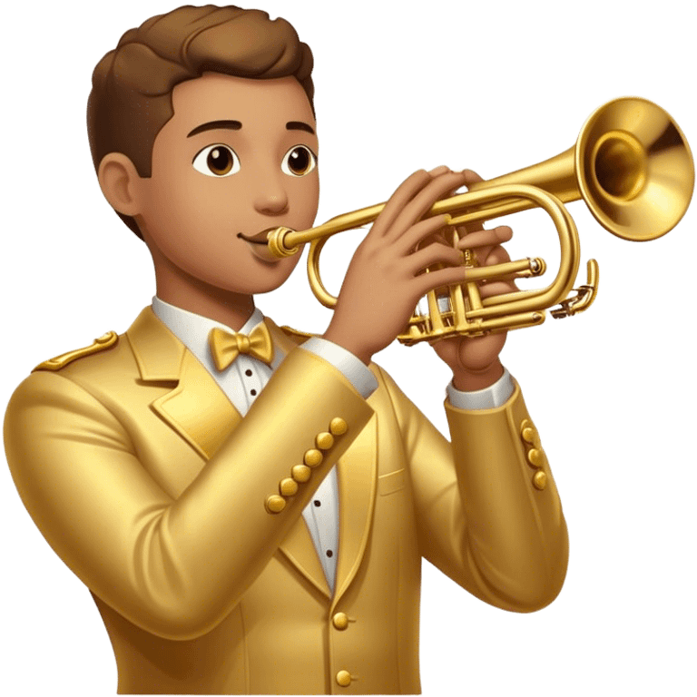 Cinematic Realistic Trumpet, polished brass with warm golden reflections, intricate valve details subtly highlighted, soft hands pressing the keys, glowing with bold and triumphant musical energy. emoji