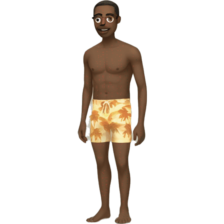 Man wearing swimtrunks on a beach with palm trees emoji