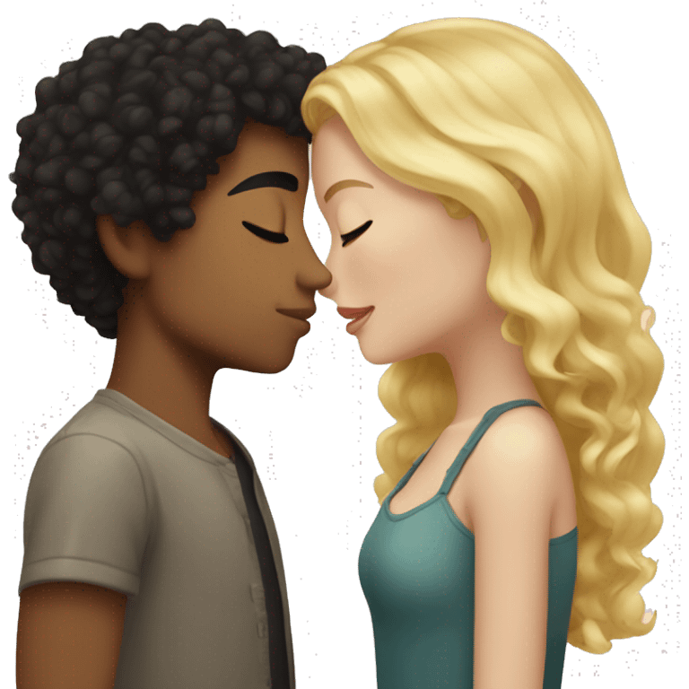 Blonde girl with freckles and closed eyes kissing boy with black curly hair and closed eyes and tan skin emoji