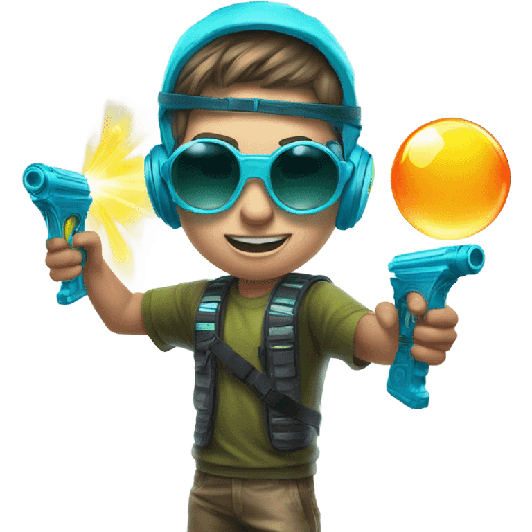 Caucasian boy in glowing rave gear with sunglasses and mask and headlamp and shooting a bubble gun emoji