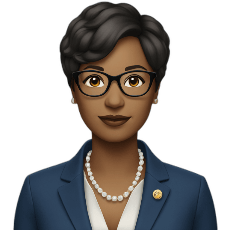 black woman ceo, black glasses, short straight hair, blue blazer, pearl necklace emoji