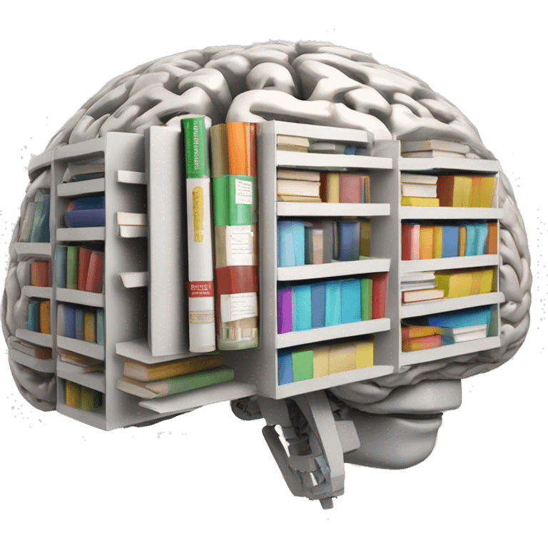 robotic brain with books floating inside the robotic brain emoji