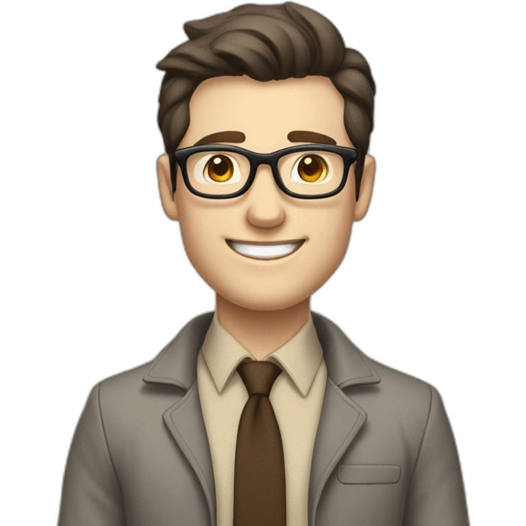 Joyful Full height Pale skinned Fit Man With dark brown hair in gray jacket, beige office shirt, Brown pants and vintage glasses. His thrumbs up emoji