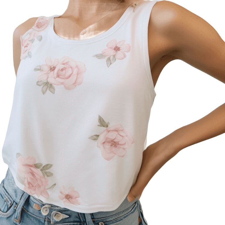 white brandy melville tank top with dainty light pink floral details emoji