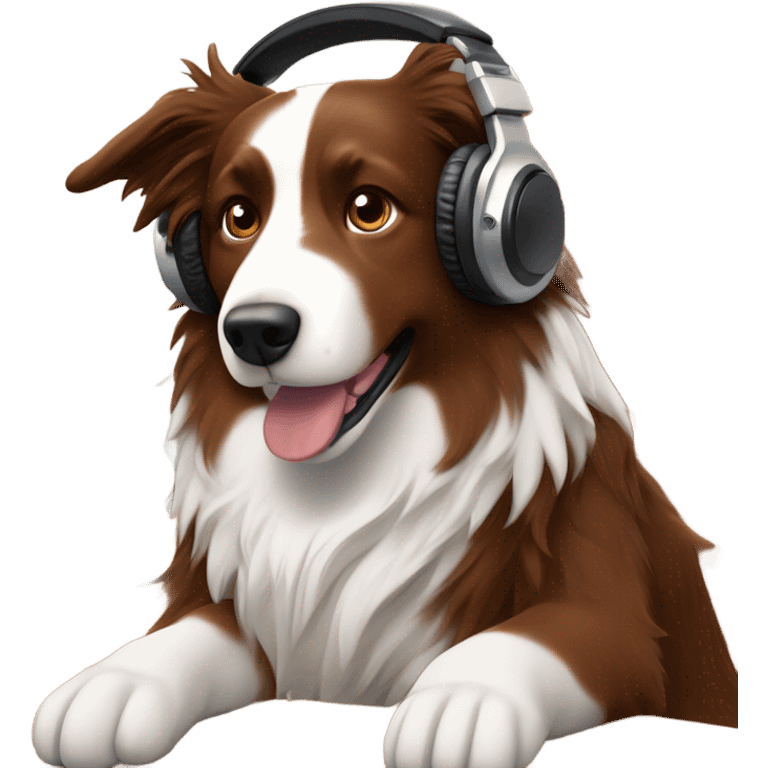 dog that looks like a reddish brown border collie with medium hair with headphones working from home office emoji