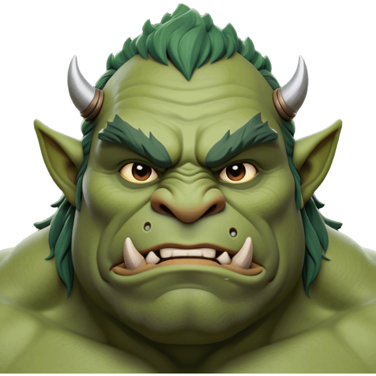 Cinematic Noble Ogre Portrait Emoji, Majestic and imposing, with a rugged, muscular form in deep earthy greens and browns, adorned with battle scars and subtle tribal markings, exuding calm, noble strength and unexpected wisdom, simplified yet strikingly detailed, glowing with a shadowy outline that captures the essence of a gentle giant with fierce heart! emoji