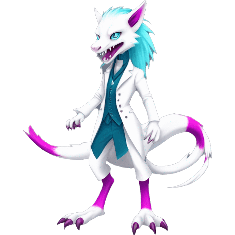 White elegant beautiful natural cute badass epic anthro modern albino sergal-vernid-Fakémon with cyan mane and magenta eyes with cyan edgy stripes, anthropomorphic, two-legged, digitigrade, full body emoji