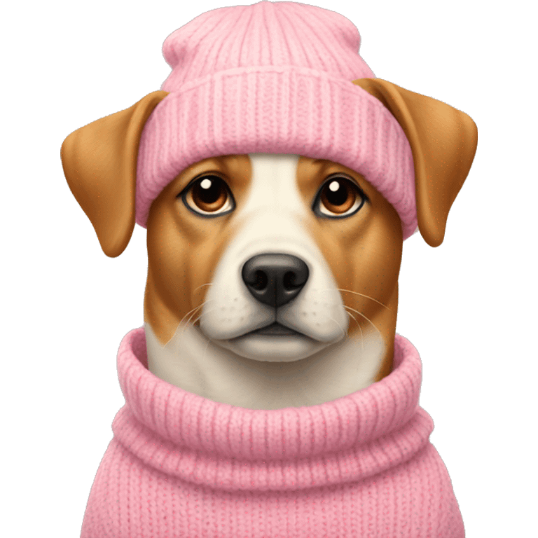 dog wearing a pink sweater wearing a cream coloured beanie  emoji