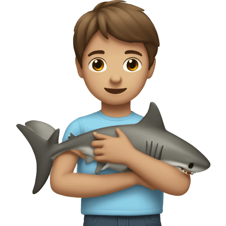 Tan little boy with straight brown hair cuddling a shark emoji