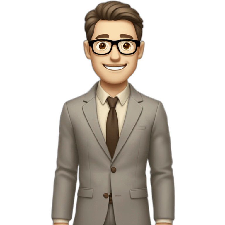 Joyful Pale skinned Fit Man With dark brown hair in gray jacket, beige office shirt, Brown pants and vintage glasses. His thrumbs up emoji