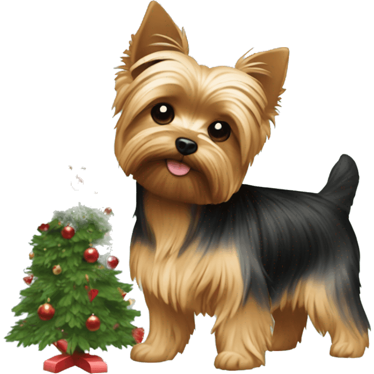 Yorkie by a Christmas tree emoji