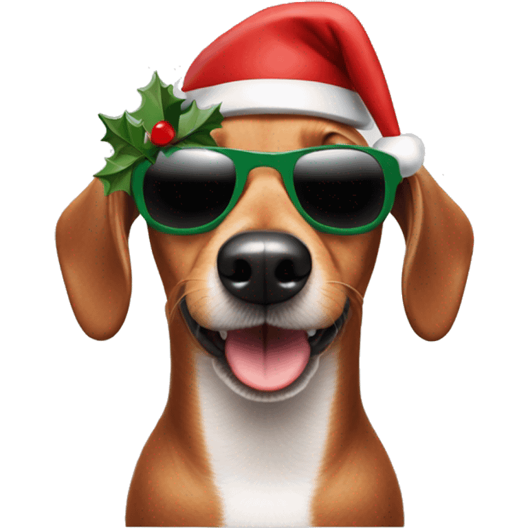 Sausage dog wearing a Christmas hat and sunglasses emoji