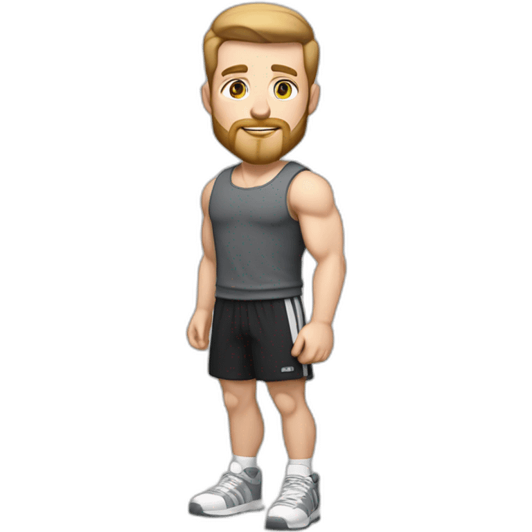 Full height Pale skinned fit man With biceps, light brown hair and very short beard In dark gray sleeveless mike, black oversize sports shorts, watch and white sneakers. emoji