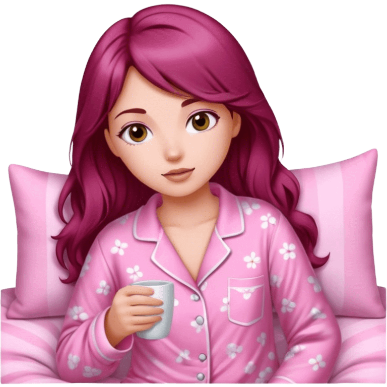 A beautiful, burgundy haired girl wearing pink pajamas emoji