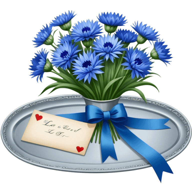 A beautifully ornate silver tray holding a bouquet of soft blue cornflowers and a love letter tied with a deep green ribbon. emoji