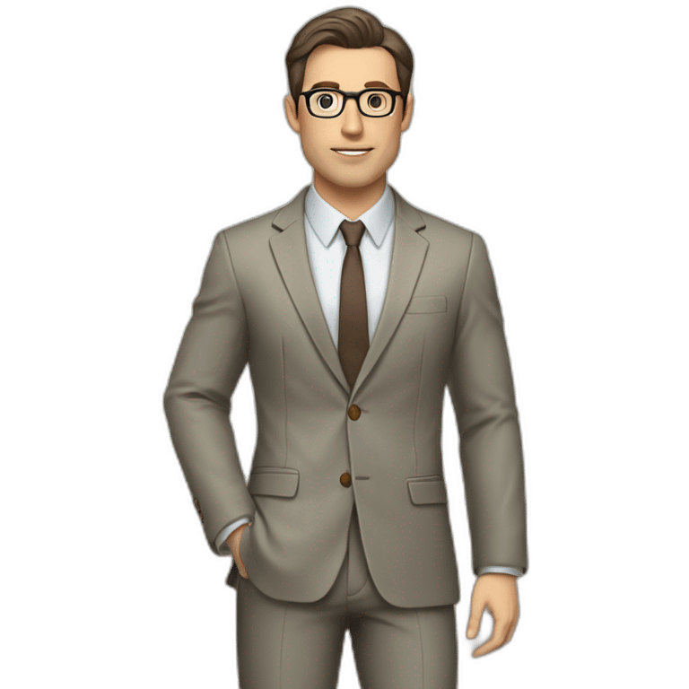 Full height Gesticulating Pale skinned fit man with dark brown hair in gray jacket, beige office shirt, brown tie, brown pants and vintage glasses. emoji