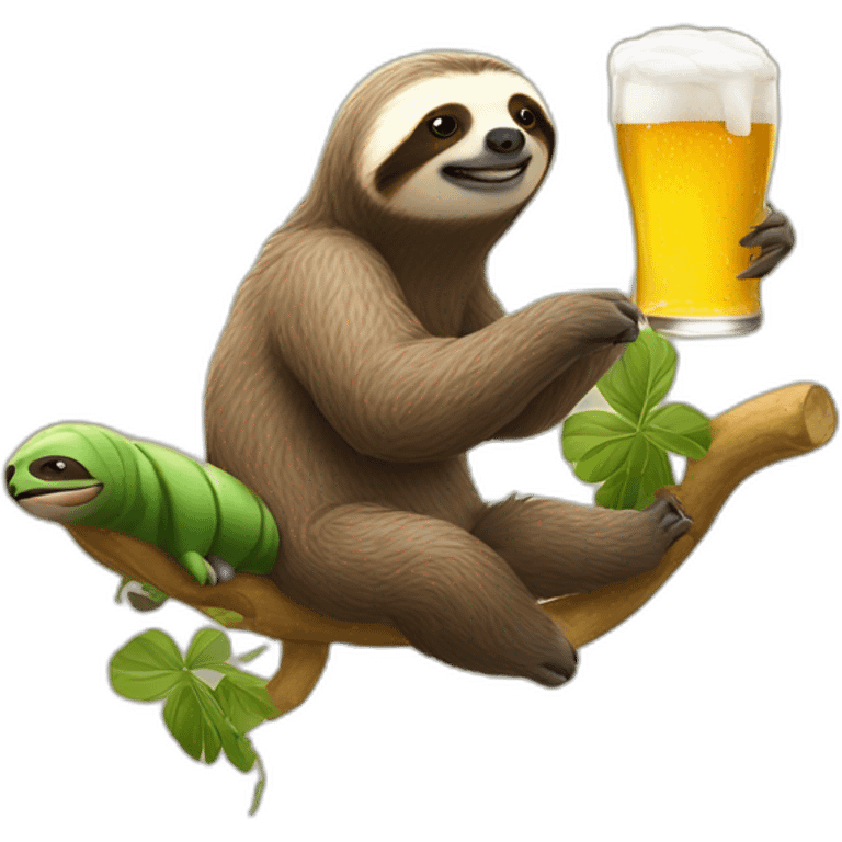 Sloth drinking beer while riding a flying caterpillar emoji