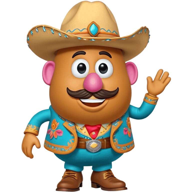 Create a 3D Pixar-style Mr. Potato Head character with a rounded, slightly uneven shape, expressive eyes, a wide smile, and cartoonish limbs, dressed in a colorful suit with intricate embroidery, a vibrant cowboy hat adorned with a feather emoji