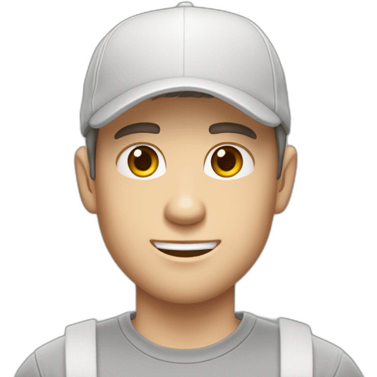 Pale skinned fit Man with dark brown hair in a white cap, gray jeans and gray polo T-shirt keeping a pasted with tape box into his hands emoji