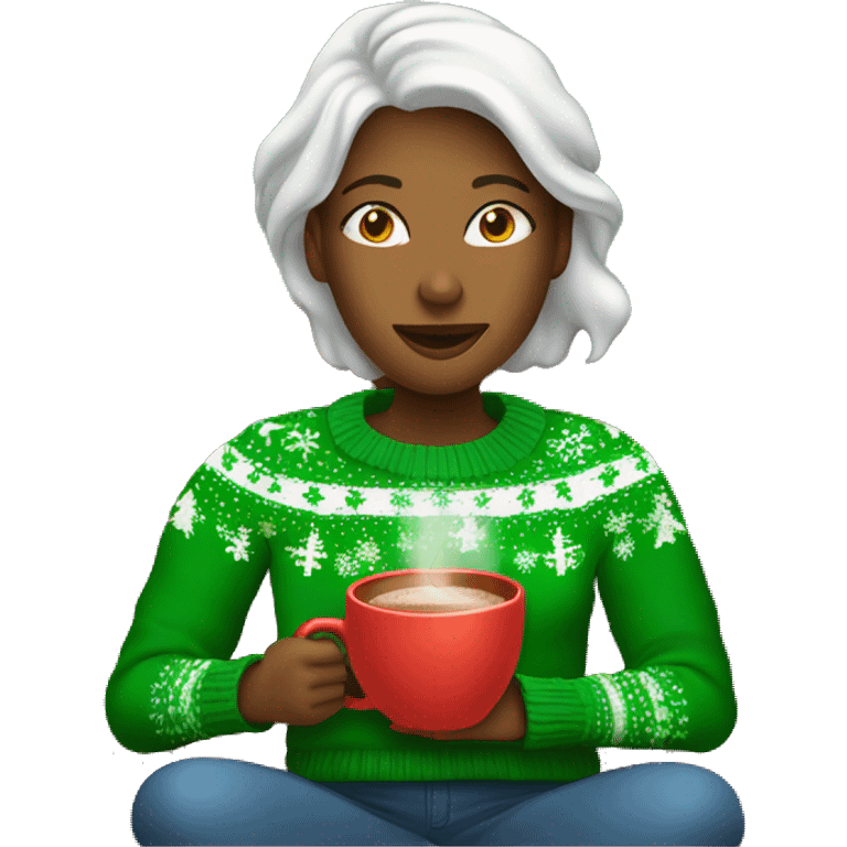 Woman wearing Green christmas sweater while drinking hot chocolate on sofa emoji