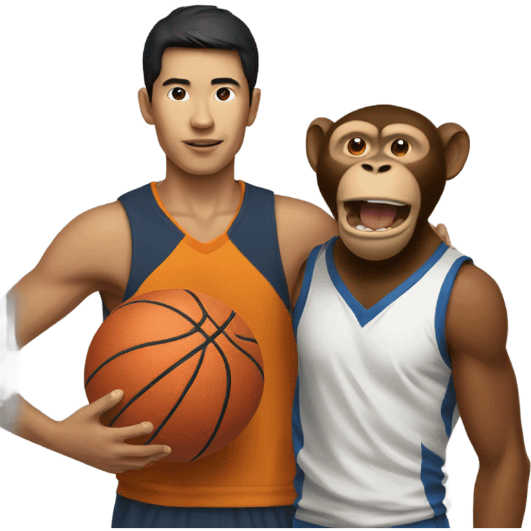 Asian guy with basketball with a monkey on his shoulder  emoji