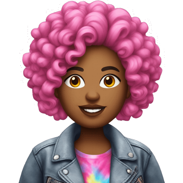 Plus size black woman with pink curly hair and a tie dye biker jacket  emoji