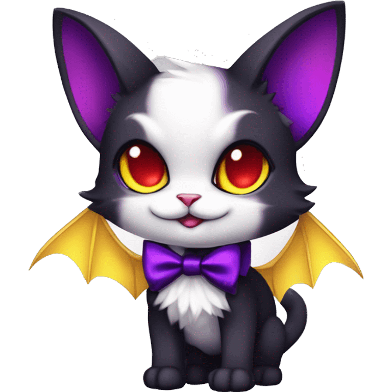 Cute-Evil-Vampiric-Batty-Cat-Black-Purple-Red-Yellow-Contrast-Colors-Fantasy-Fur-Sona-Chibi-Shiny-Fakémon-Hybrid with horns and big fangs neck bow white tie leg spats full body emoji