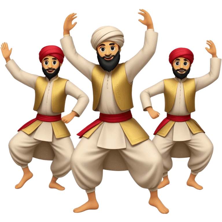 Cinematic Realistic Dabke Dance Emoji, depicted as an energetic traditional Lebanese folk dance with vibrant costumes and rhythmic movements, rendered with dynamic textures and festive natural lighting that captures its communal joy. emoji