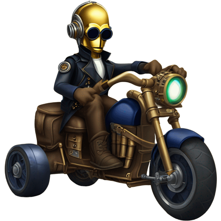 Bounty hunter C-3PO wearing a pair of navy-blue rimmed steampunk goggles, hat, leather chaps, fringe jacket riding a fast sporty 3 wheeler trike steampunk motorcycle on ice  emoji