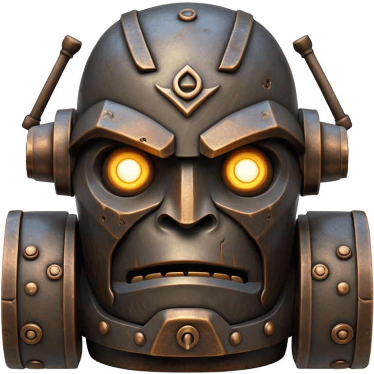 Cinematic Noble Mighty Iron Golem Portrait Emoji Poised and imposing, with a towering, metallic form forged from intricately detailed plates of burnished steel and ancient bronze, etched with faint traces of runes and weathered marks of time. Its piercing, glowing eyes radiate unwavering resolve, casting a solemn and commanding presence; rendered with lifelike texture and natural metallic highlights, high shine, elegant yet indomitable, styled with an aura of legendary endurance, focused and resolute, soft glowing outline, capturing the essence of an eternal guardian, standing vigilant and immovable as if ready to awaken at any moment with unstoppable might! emoji