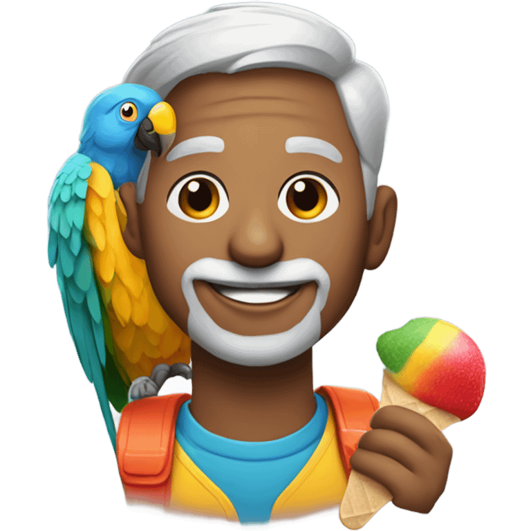 man with gray hair portrait with a colorful parrot on his shoulder eating a popsicle  emoji