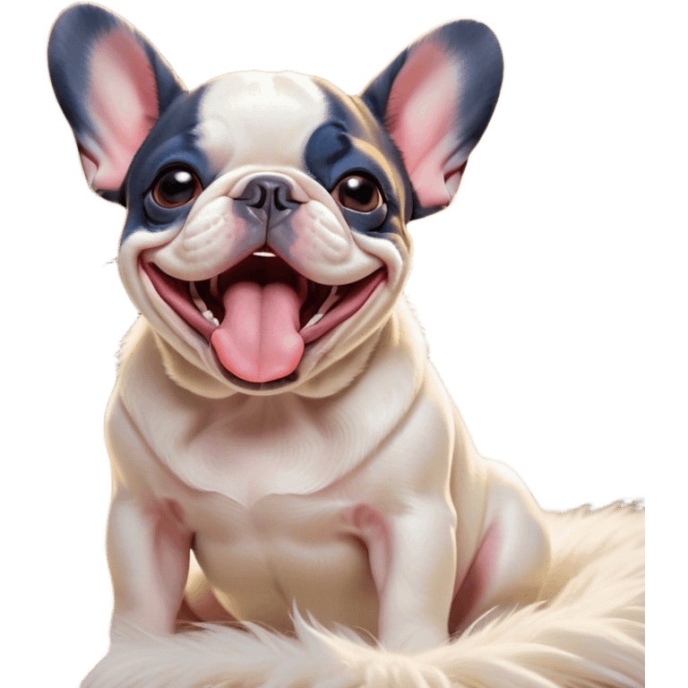 Cinematic Cute Yawning Pied French Bulldog Portrait Emoji, Head tilted with an exaggerated, endearing yawn and sleepy, squinty eyes, showcasing a unique pied fur of contrasting colors with a playful expression, simplified yet irresistibly adorable, highly detailed, glowing with a soft, cozy radiance, high shine, exuding a relaxed, humorous charm, styled with a gentle, soft glowing outline, capturing the essence of a Pied French Bulldog in a blissfully cute yawn that warms the heart! emoji