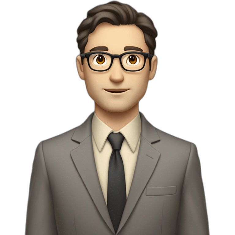 Full height Pale skinned Fit Man With dark brown hair in classic gray suit, beige office shirt, dark gray tie, and vintage glasses. Thrumbs of his palms directed up emoji