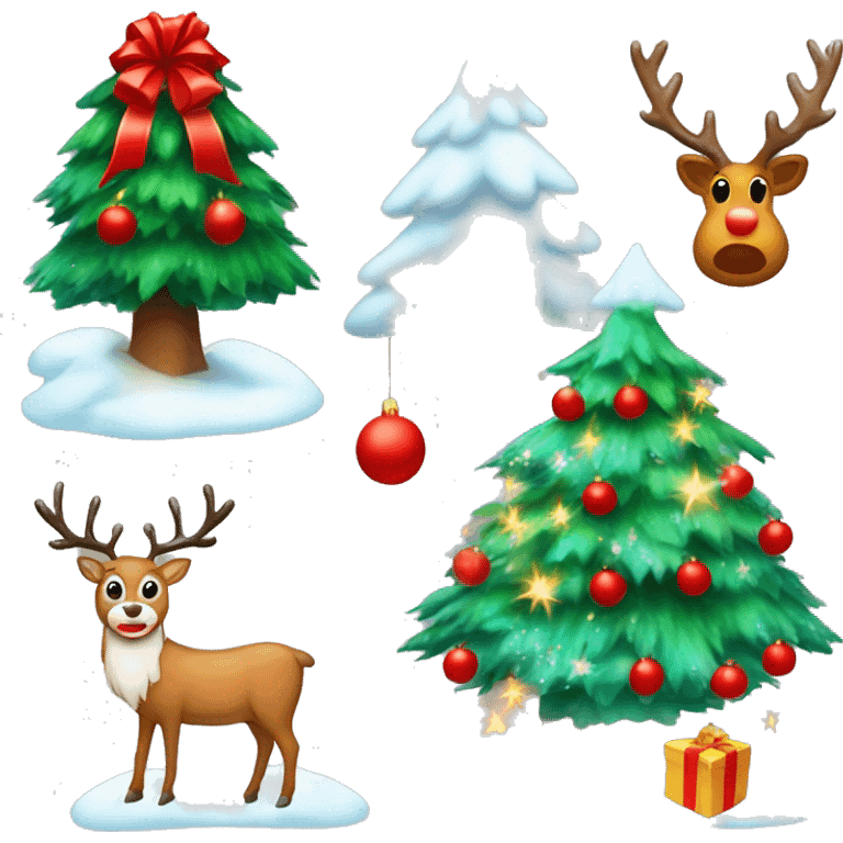 snowy christmas tree with red balls and lights with a star on top and presents underneath and a reindeer with santa claus next to it emoji