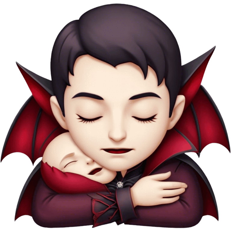 Meme-Worthy Cute Sleeping Vampire Portrait Emoji, with a refined, small, pale face softened by closed, serene eyes and a slight, peaceful smile, adorned in miniature elegant dark attire with a hint of fading crimson, simplified yet irresistibly adorable, highly detailed with a soft ethereal outline that captures the drowsy charm of a vampire in quiet nighttime slumber! emoji