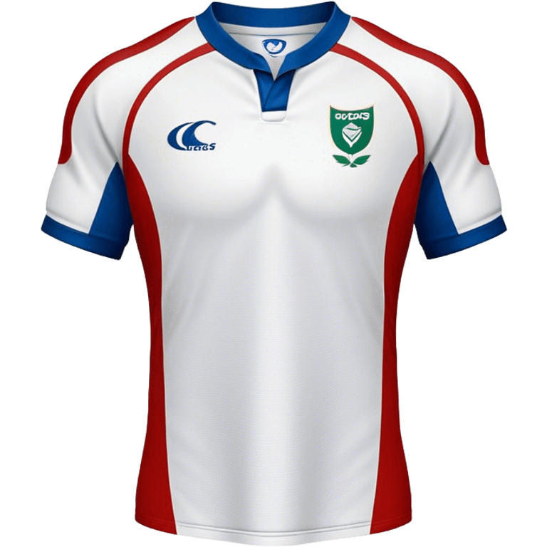 Cinematic Realistic image of a rugby jersey rendered in bold, dynamic team colors with intricately detailed fabric textures and natural creases, illuminated by dramatic stadium lighting emoji